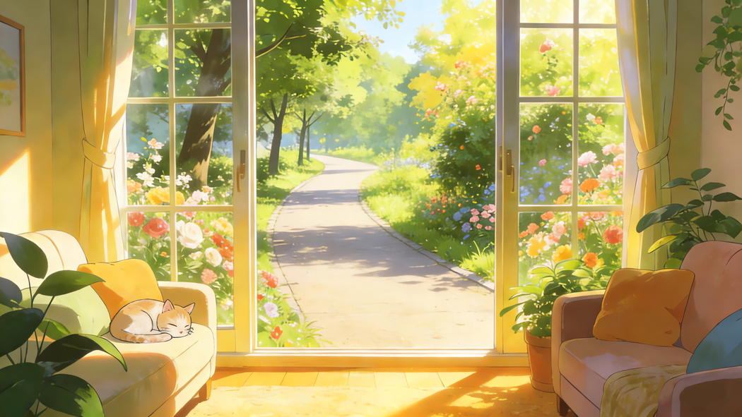浪漫温馨家沙发猫花园小道治愈系4K风景壁纸3840x2160免费下载
