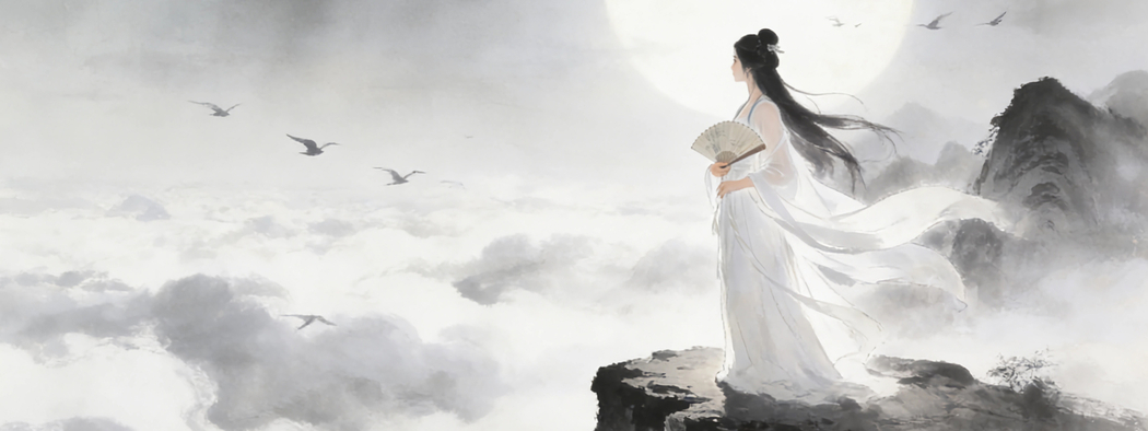 古风仙气美女白色裙持扇 高山云海意境1920x720高清壁纸免费下载