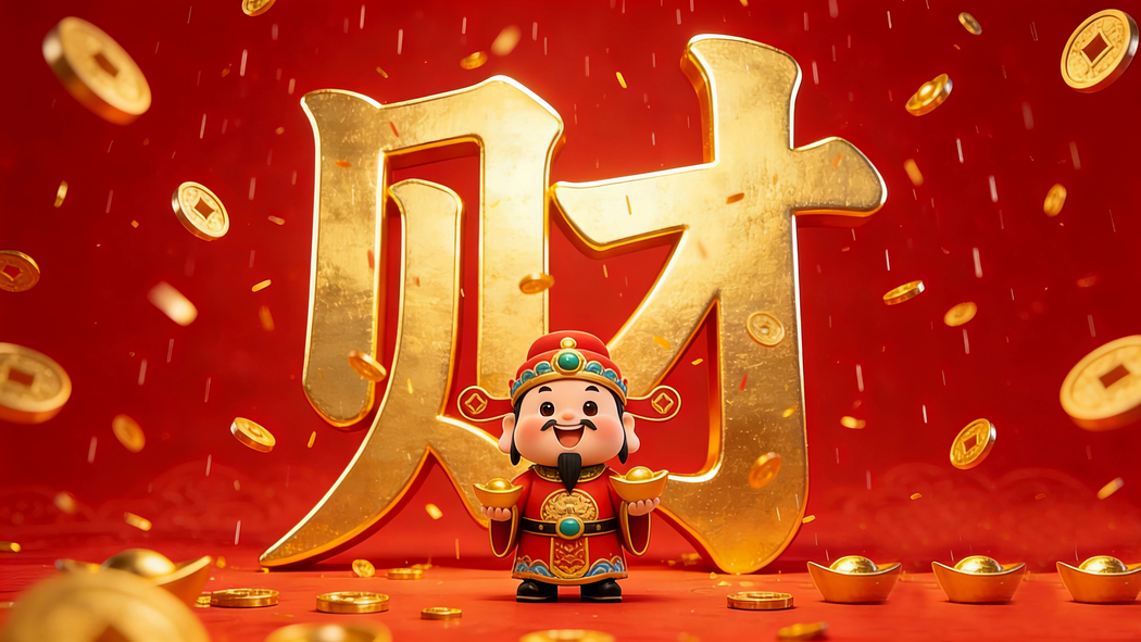可爱财神送元宝钱雨 全屏4K高清壁纸3840x2160免费下载