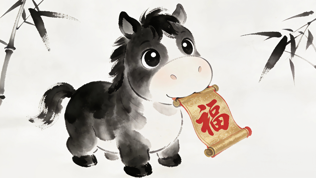 2026小黑马送福水墨风4K车机壁纸 3840x2160高清免费下载