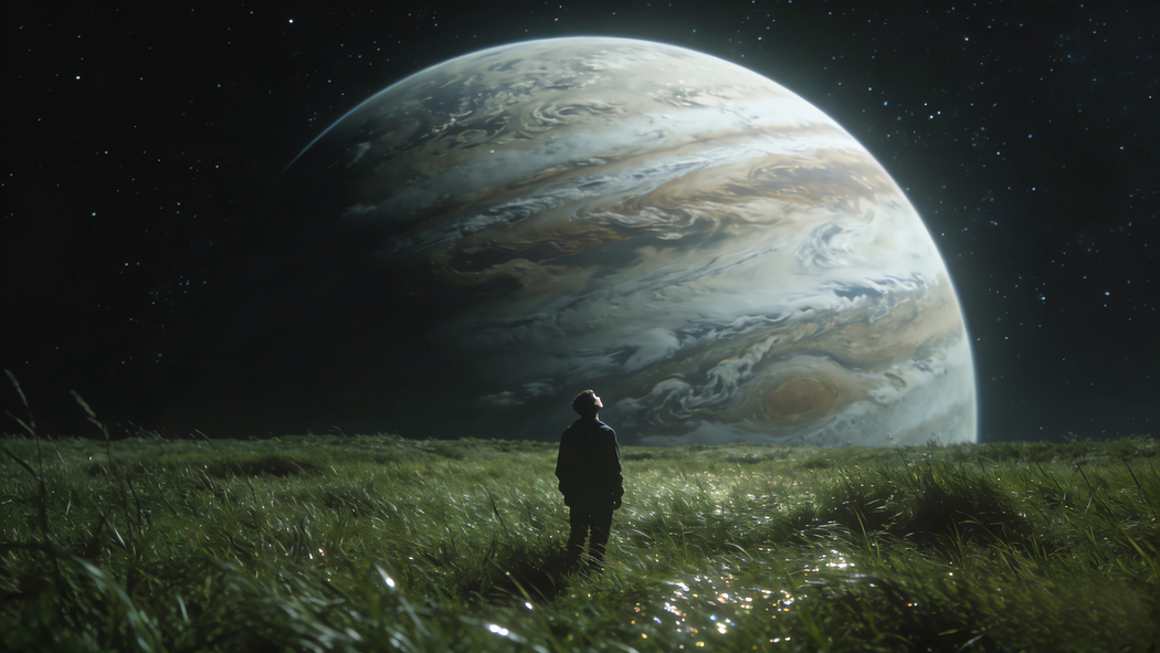 梦想家独行绿草地仰望星球星空车机横屏4K超清壁纸3840x2160免费下载