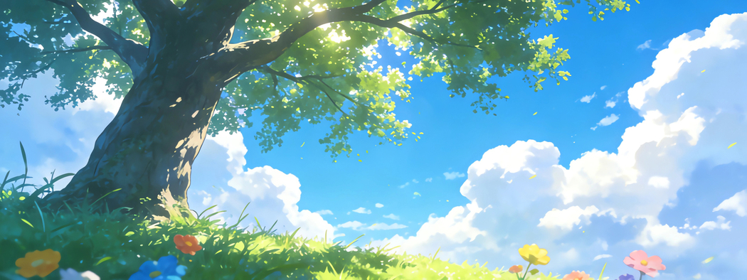 小清新风景蓝天白云绿色大树草地鲜花1920x720高清壁纸免费下载