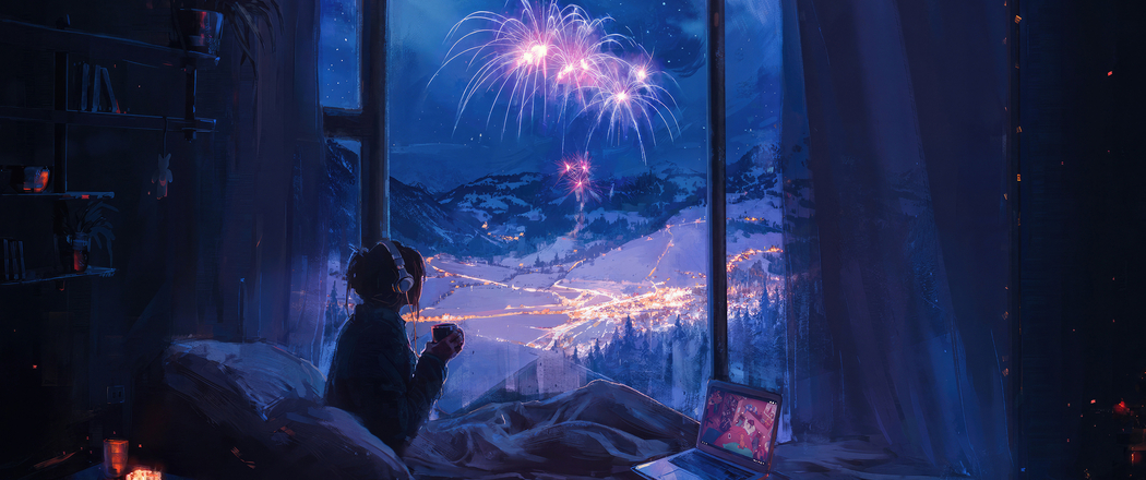 室内女孩新年夜天空山脉烟花3440x1440 4K动漫高清带鱼屏壁纸免费下载