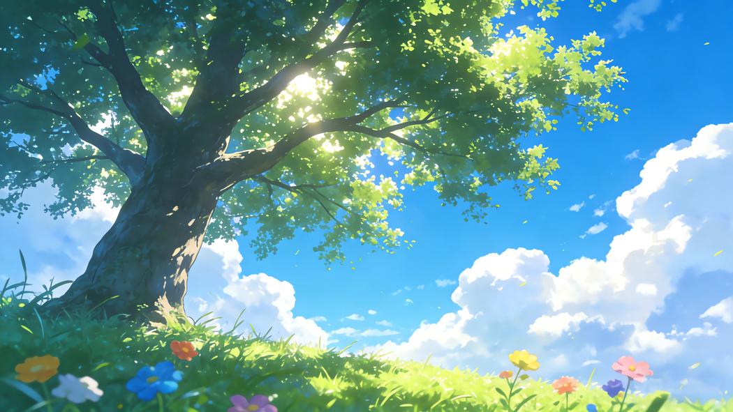 蓝天白云绿草地鲜花绿色大树 4K高清车机风景壁纸横屏3840x2160免费下载