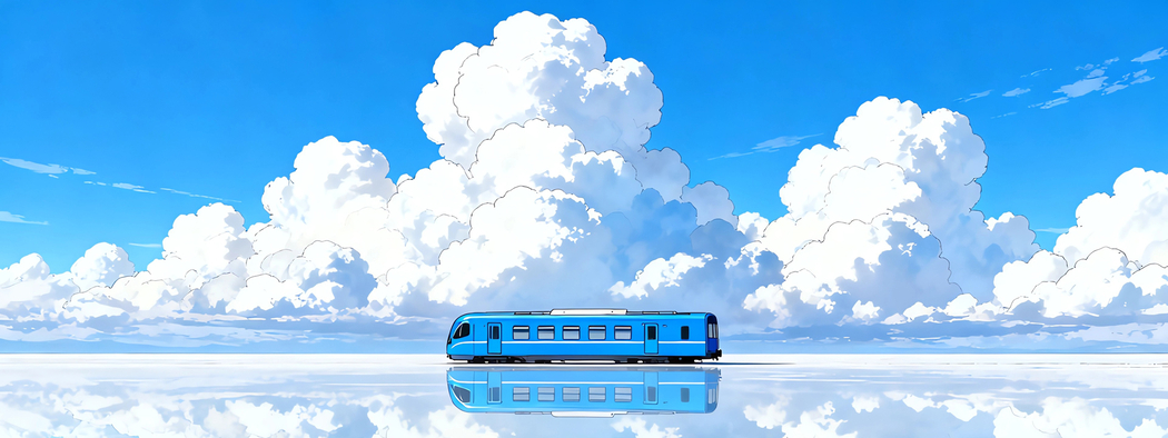 湖面蓝天白云与蓝色列车1920x720高清车机壁纸免费下载