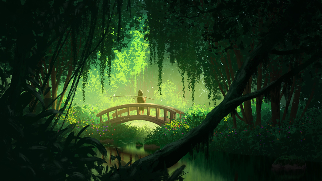 绿色森林桥梁河流人物花朵4K高清护眼壁纸3840x2160免费下载 绿色森林桥梁河流人物花朵4K高清护眼壁纸3840x2160免费下载