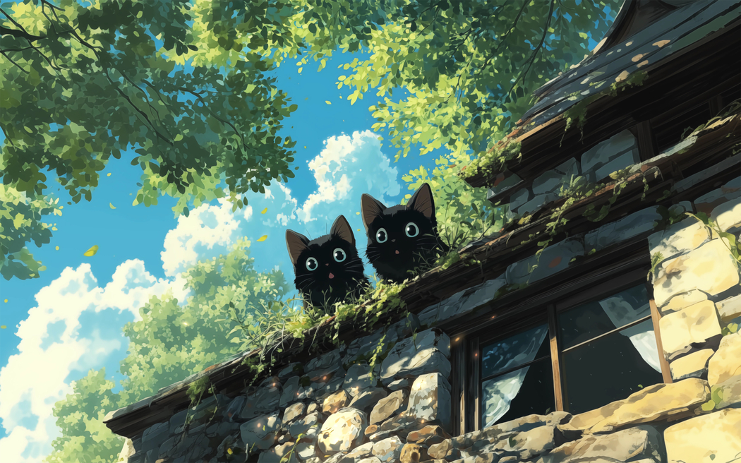 绿色树荫屋顶下两只小黑猫 4K高清车机壁纸横屏3840x2400免费下载 绿色树荫屋顶下两只小黑猫 4K高清车机壁纸横屏3840x2400免费下载