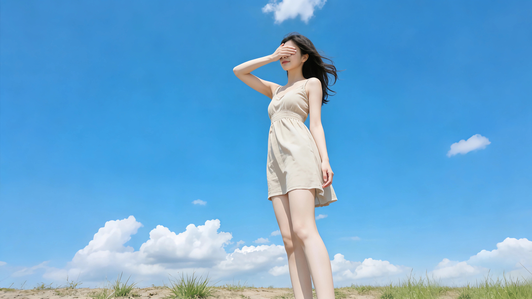 蓝天白云阳光美女蒙眼小清新4k车机高清壁纸3840x2160免费下载