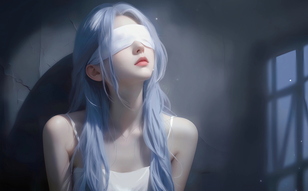 蒙眼蓝发白衣美女4K车机高清横版壁纸3840x2392免费下载 蒙眼蓝发白衣美女4K车机高清横版壁纸3840x2392免费下载