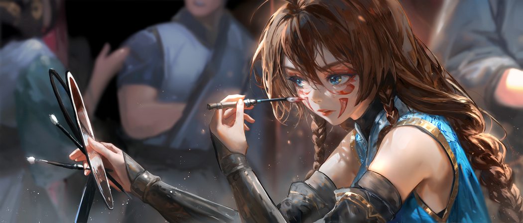 动漫女孩蓝色眼睛化妆镜子 5K 4K高清壁纸5631x2400免费下载