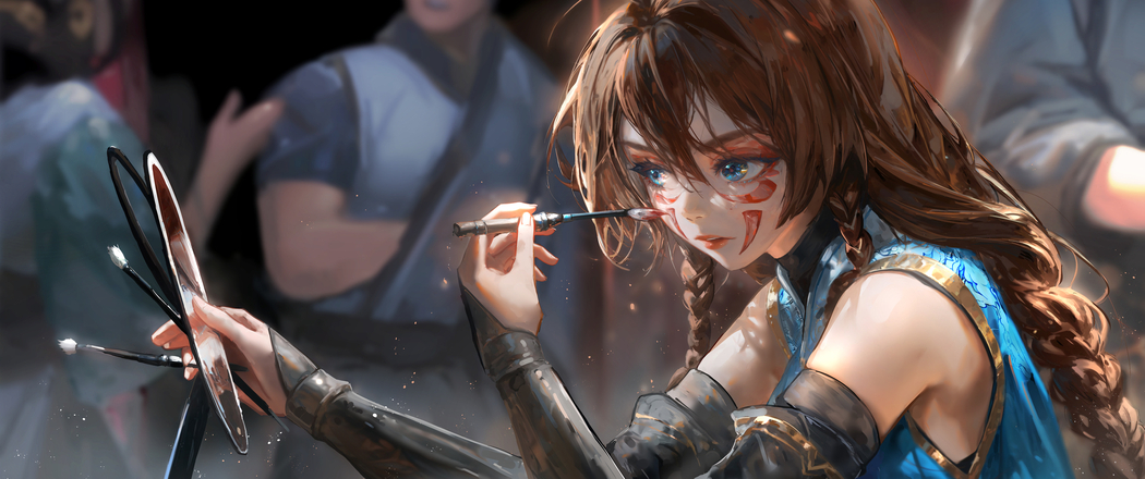 动漫女孩蓝色眼睛化妆镜子4K高清3440x1440带鱼屏壁纸免费下载