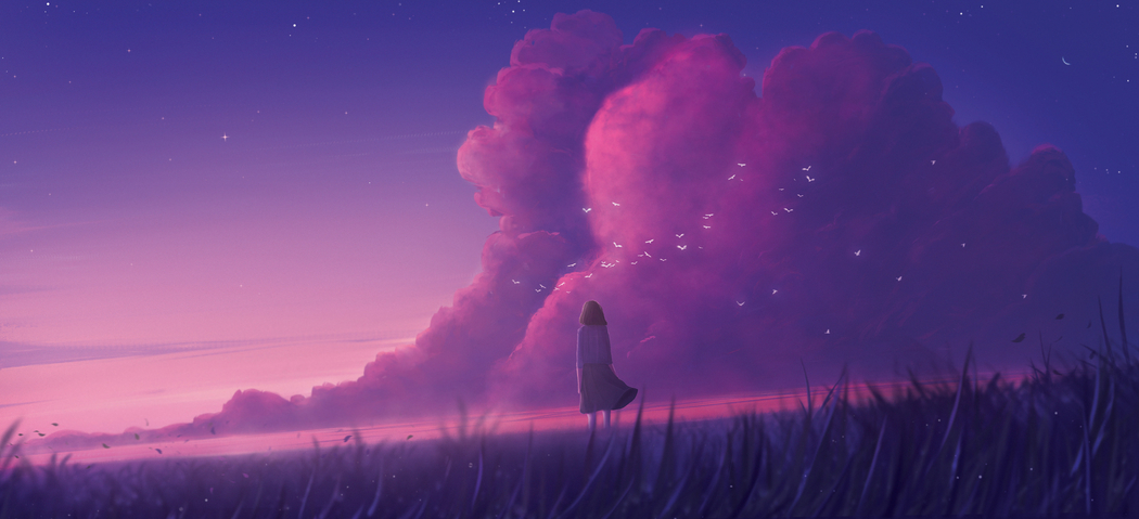 天空云朵星星田野与孤独女孩背影草地高清车机横屏壁纸5433x2480免费下载