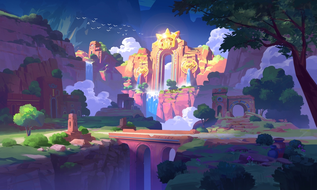 悬崖瀑布山脉草地桥梁石拱门绘画风景4K高清壁纸4096x2458免费下载