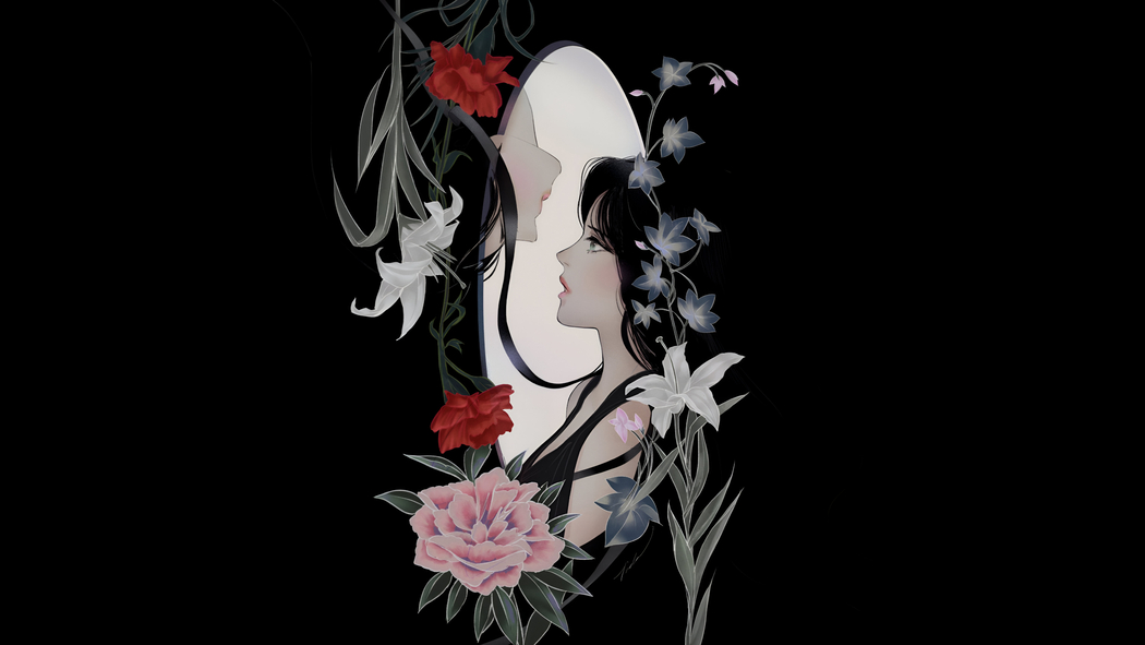 两位长发女性与鲜花4K黑色背景动漫高清壁纸3840x2160免费下载