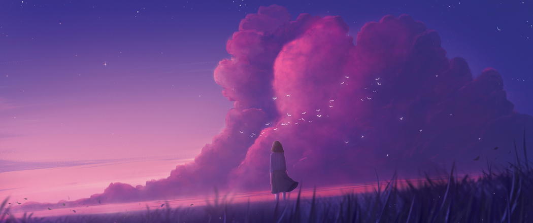 4K高清3440x1440带鱼屏动漫壁纸，天空云朵星星鸟田野孤独女孩背影草地