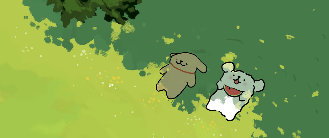 线条小狗绿色树荫3440x1440带鱼屏高清动漫壁纸免费下载