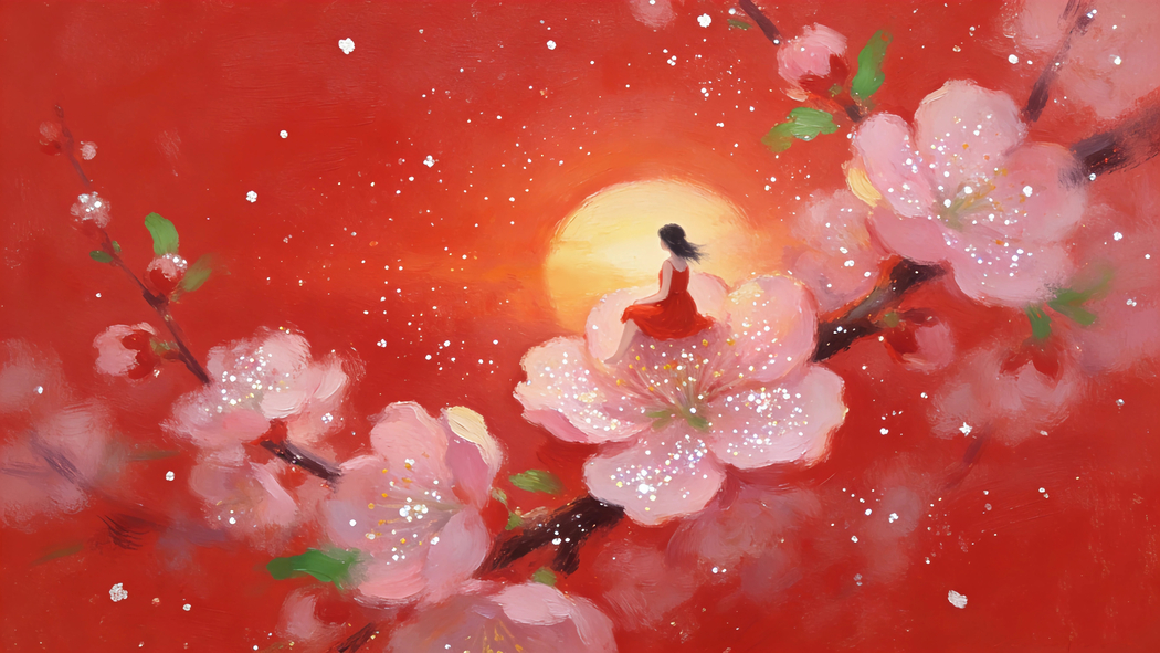 少女坐梅花观日出 4K高清横屏壁纸3840x2160免费下载