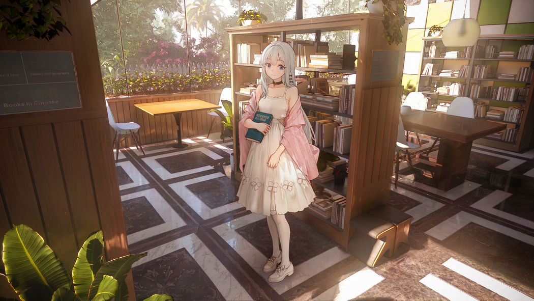 可爱长白发蓝眼睛微笑动漫女孩图书馆植物4K高清壁纸3840x2160免费下载 可爱长白发蓝眼睛微笑动漫女孩图书馆植物4K高清壁纸3840x2160免费下载