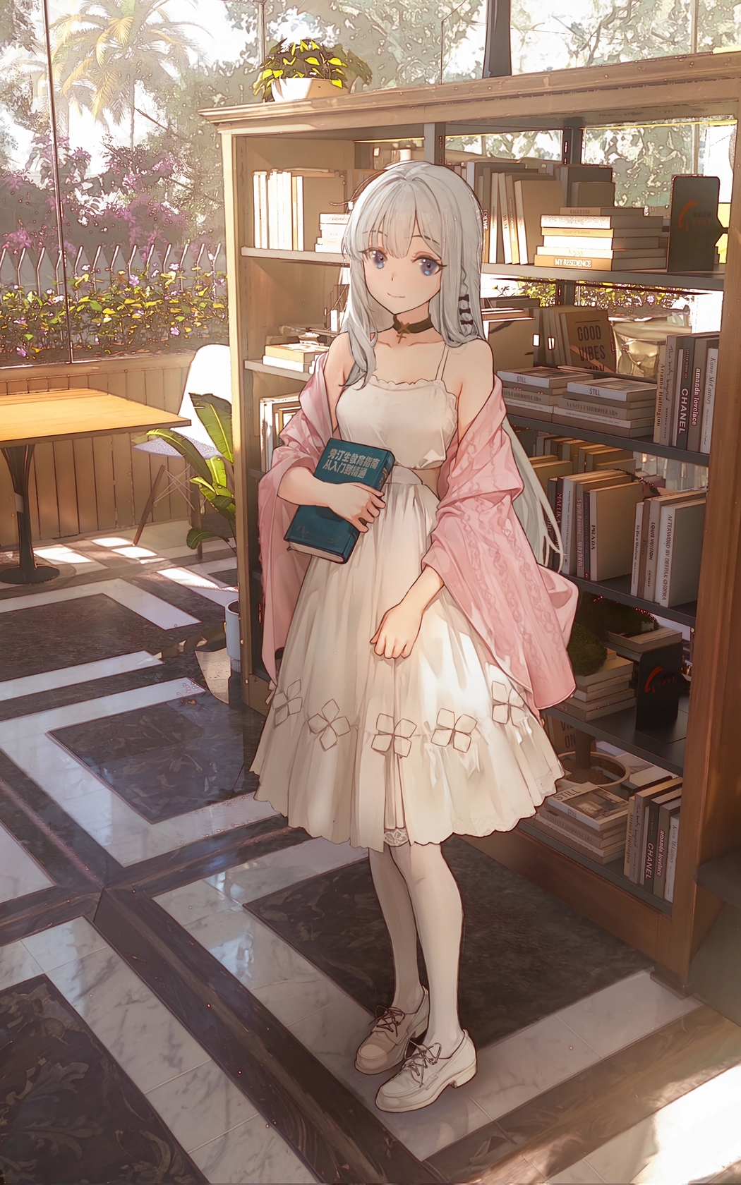 可爱女孩穿白色裙子图书馆主题4K手机竖屏动漫高清壁纸2400x3840免费下载