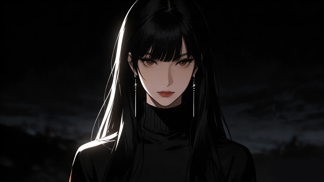 黑色长发高冷气质动漫美女 4K暗黑背景电脑壁纸3840x2160免费下载