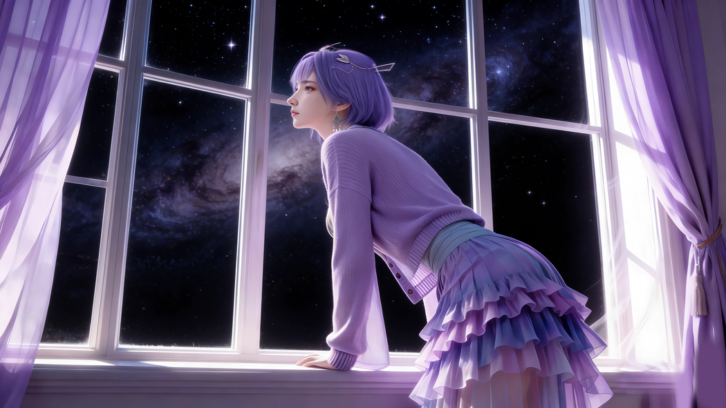星空窗前紫色短发美女4K动漫高清电脑壁纸3840x2160免费下载