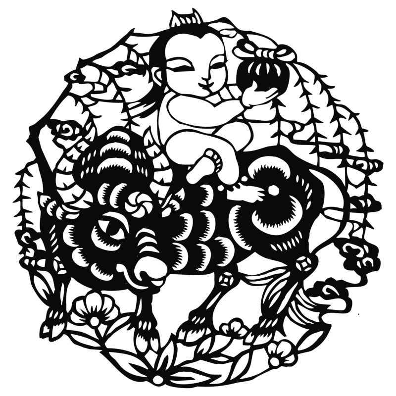 放牛娃年画剪纸画高清PNG透明图 节日素材AI格式免费下载