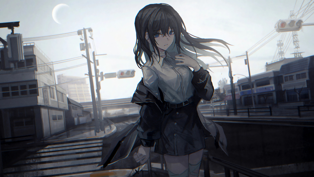 动漫女生街道路口红绿灯暗色4K高清壁纸3840x2160免费下载