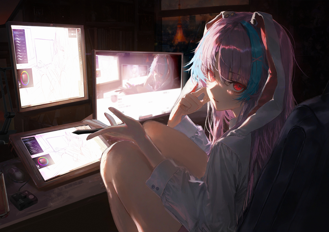 女画师红色眼睛专注画画 4000x2828车机4K全屏高清壁纸免费下载 女画师红色眼睛专注画画 4000x2828车机4K全屏高清壁纸免费下载