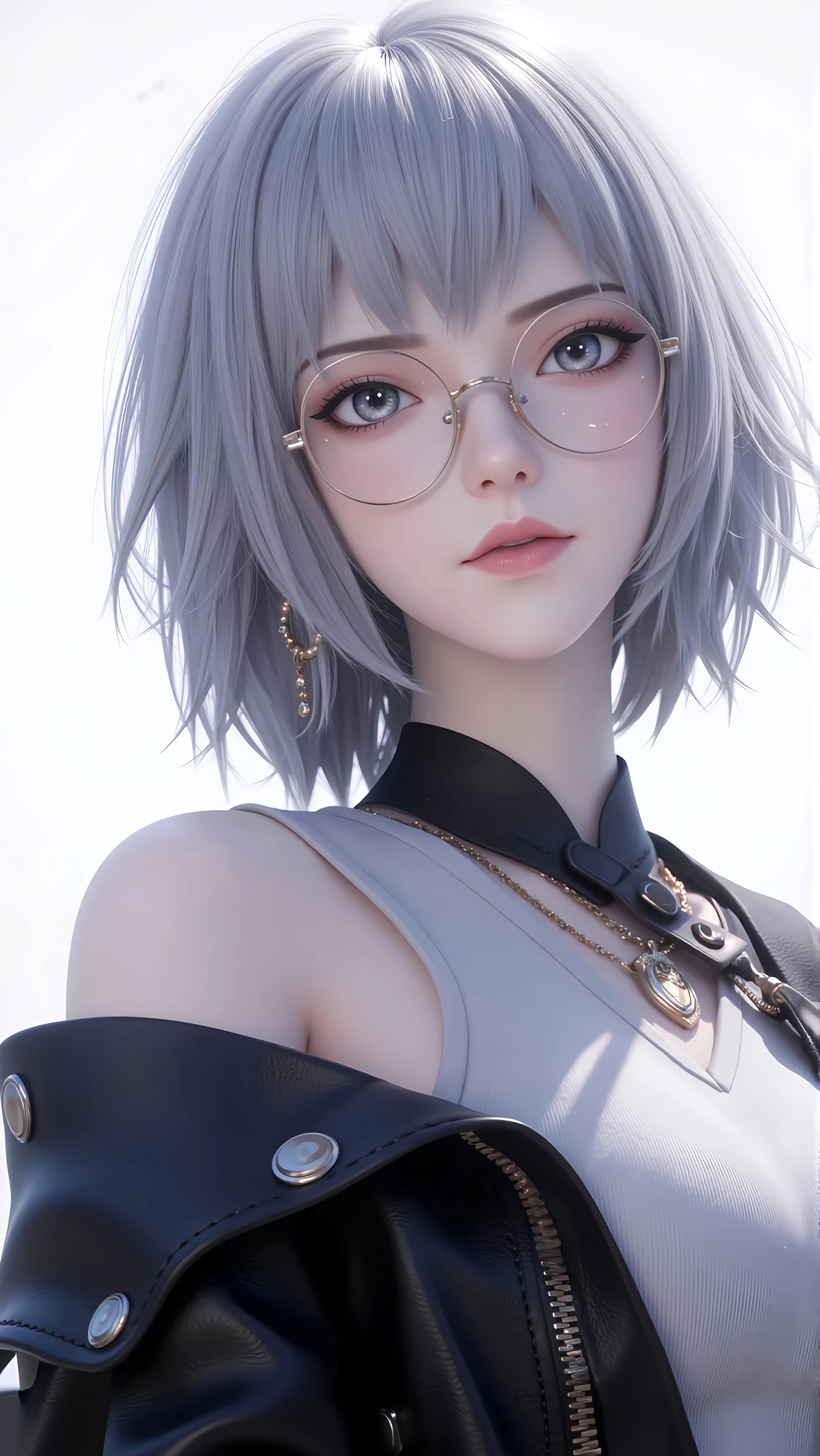 银发短发少女白月魁眼镜4K手机高清壁纸2161x3840免费下载