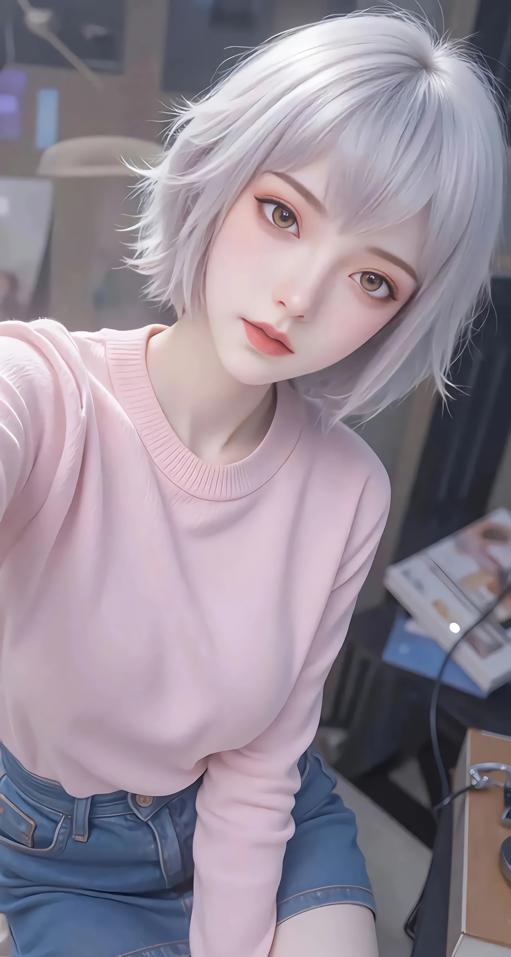 银发短发白月魁粉色毛衣4K动漫手机高清壁纸2051x3840免费下载