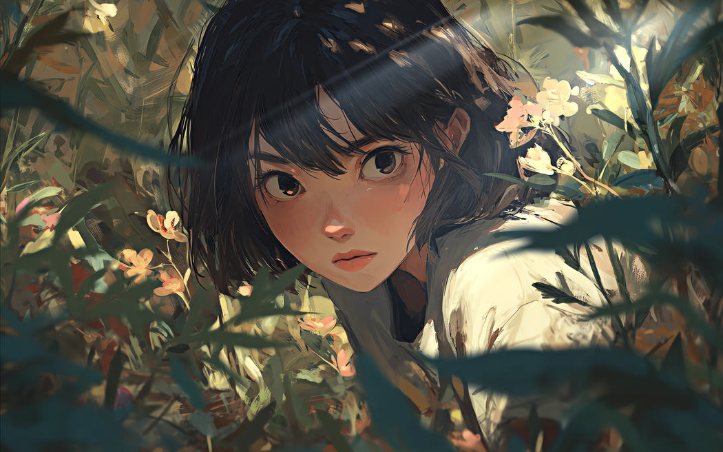短发女孩花丛中4K横屏高清壁纸3840x2400免费下载