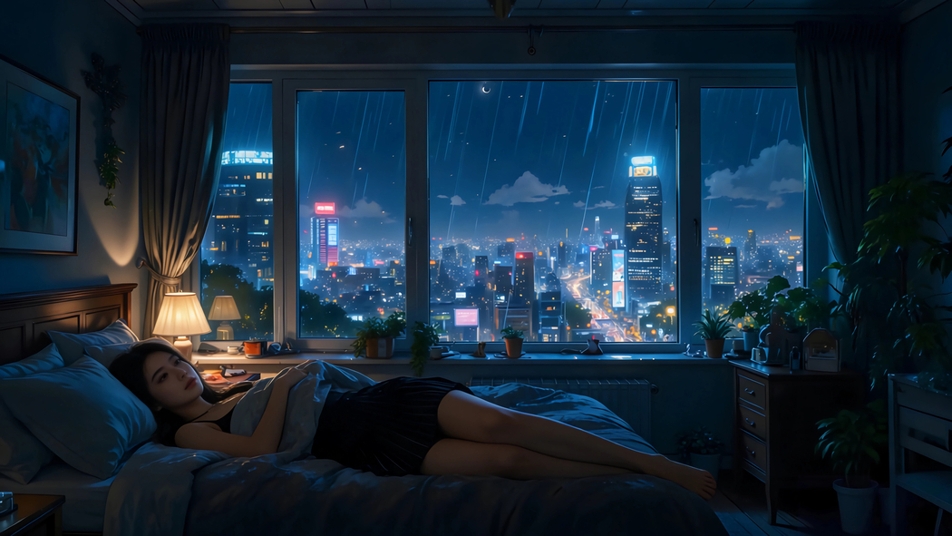 雨夜房间玻璃窗前漂亮美女4K动漫高清壁纸3840x2160免费下载