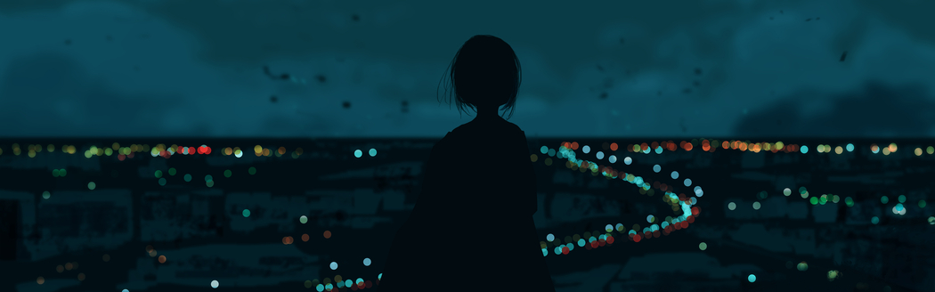 短发女孩背影眺望远方 夜晚城市灯光5120x1600动漫超宽屏高清壁纸免费下载