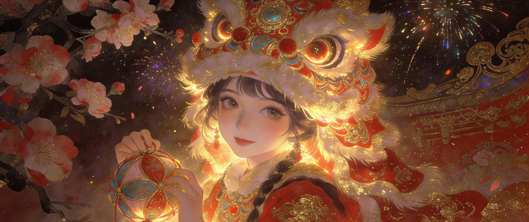 鎏金狮影映娇颜 女孩烟花动漫4K高清3440x1440带鱼屏壁纸免费下载