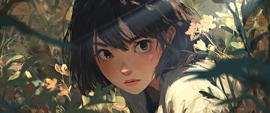 短发女孩在花草丛4K动漫壁纸 3440x1440带鱼屏高清免费下载