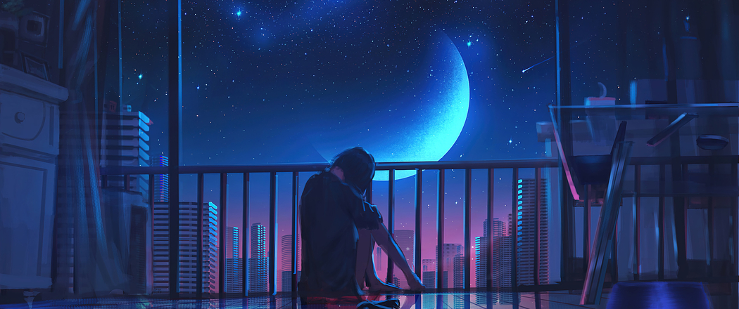 女孩短发坐赏城市夜景星空月亮 3440x1440 4K动漫高清带鱼屏壁纸免费下载