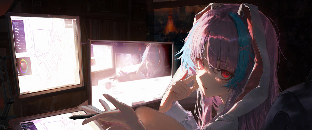 女画师红色眼睛专注画画 3440x1440 4K高清动漫壁纸免费下载