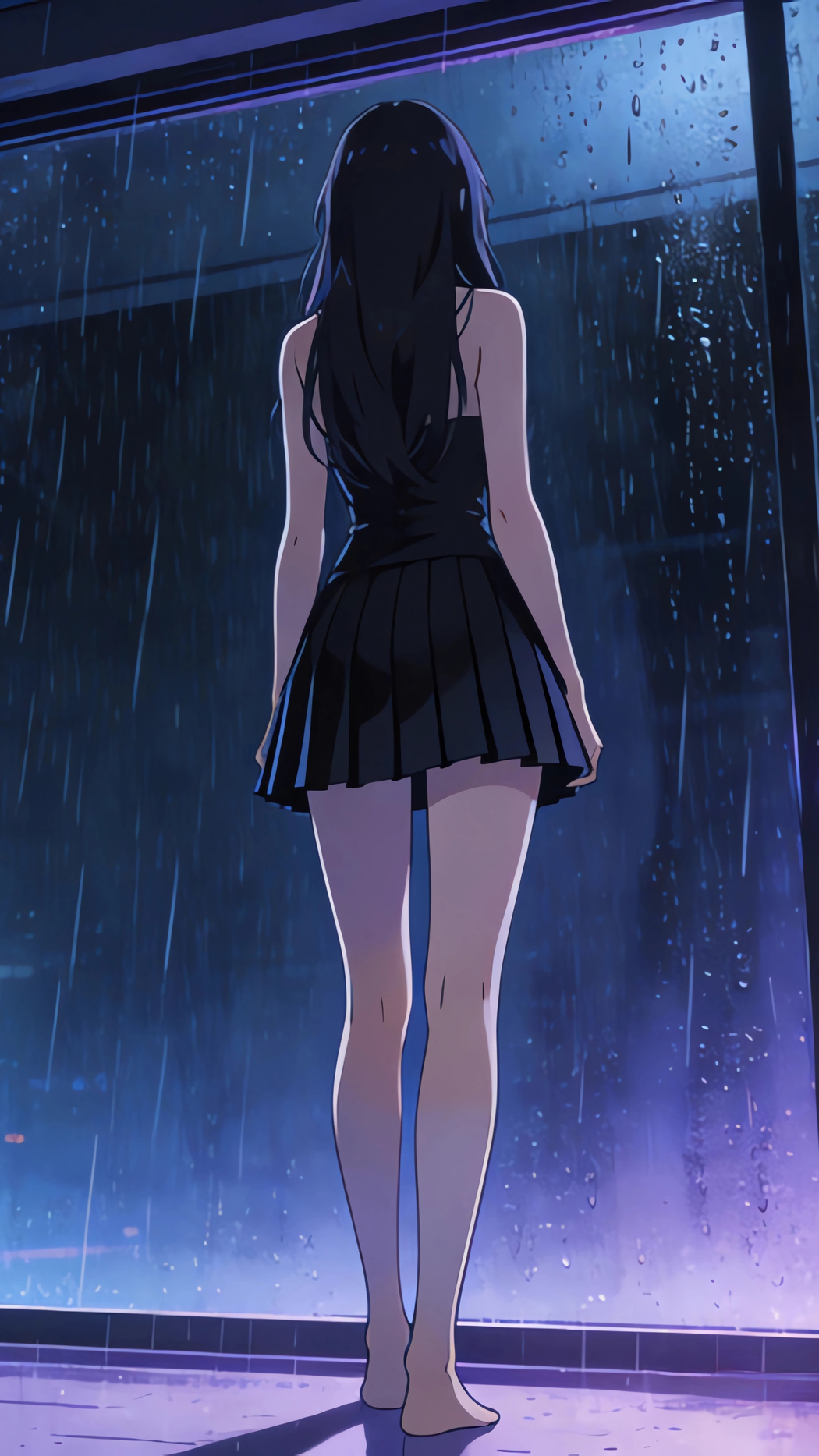 赛博朋克雨天房间长发美女背影望向窗外 4K竖屏手机高清壁纸2160x3840免费下载