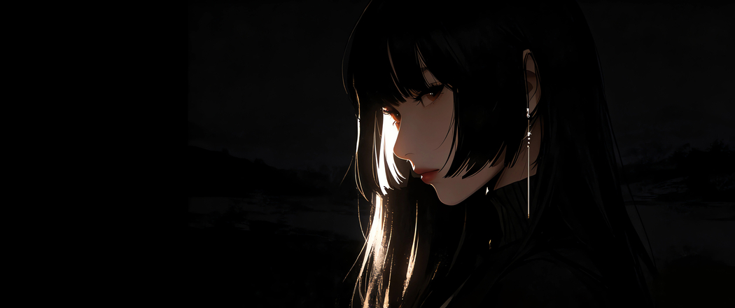 长发高冷美女侧脸暗黑背景 3440x1440 4K动漫壁纸免费下载