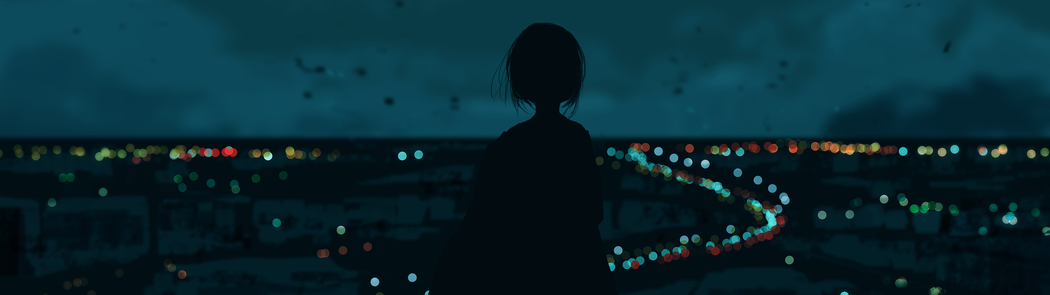 动漫女孩背影眺望远方 夜晚城市灯光5120x1440带鱼屏高清双屏壁纸免费下载
