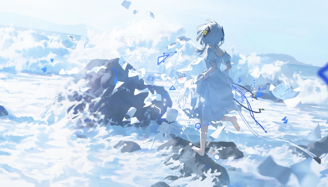 海边 少女 礁石 海水 海浪 4K动漫壁纸