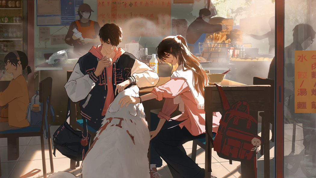 小吃店情侣与大白狗4K车机高清壁纸3840x2160免费下载