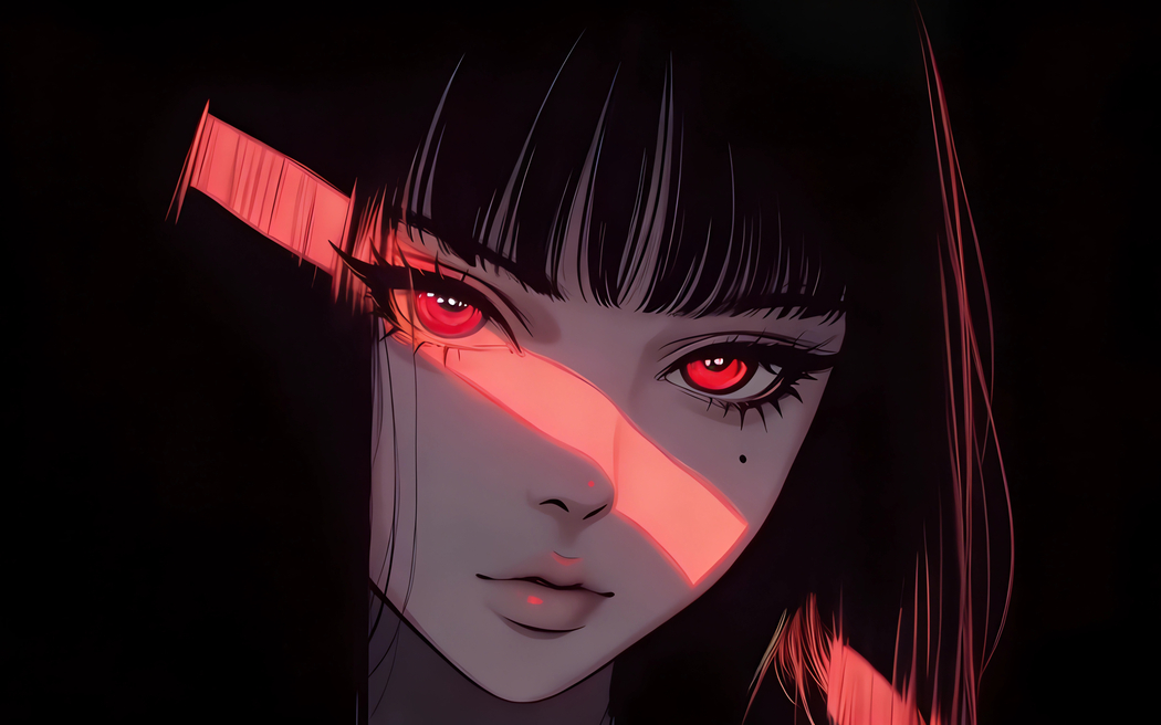 红色眼睛动漫女孩4K高清壁纸 红色光影暗黑背景3840x2400免费下载