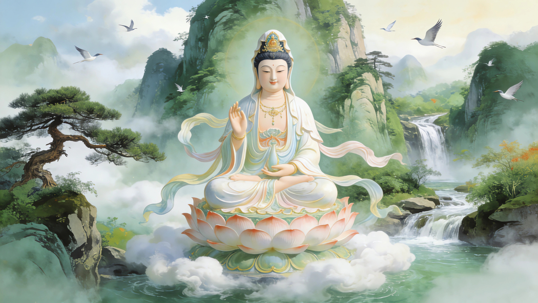 观音菩萨坐莲台山水风景4K高清车机壁纸3840x2160免费下载