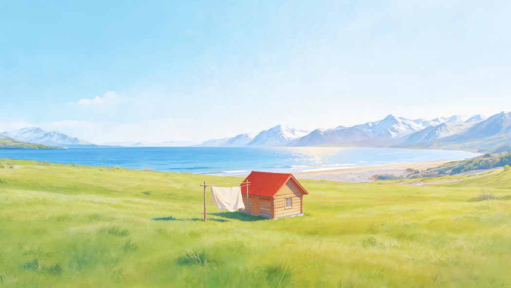 蓝天湖水山脉雪山绿草地小木屋4k车机风景壁纸3840x2160免费下载