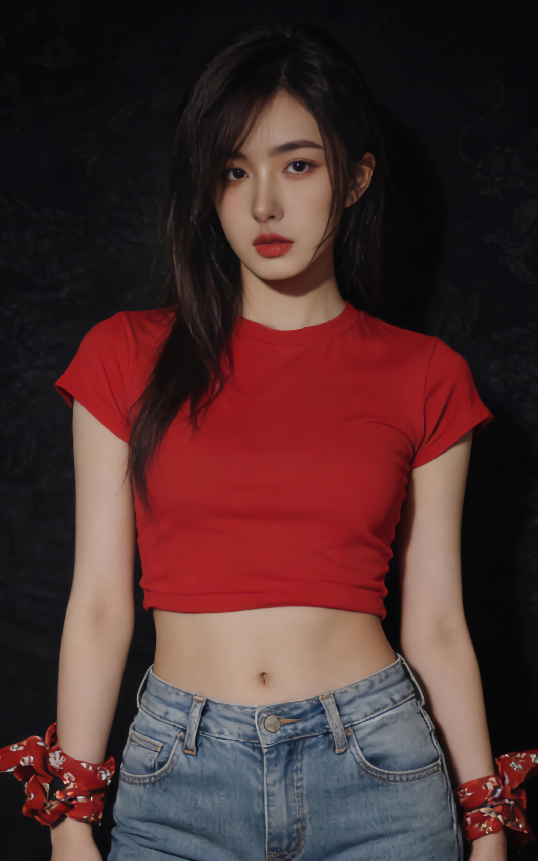 美女红色衣服牛仔裤配好看身材 黑色背景4K竖屏手机高清壁纸2400x3840免费下载