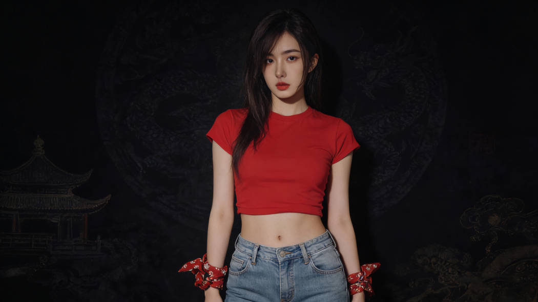 长发美女红色衣服牛仔裤暗黑背景4K高清壁纸3842x2160免费下载