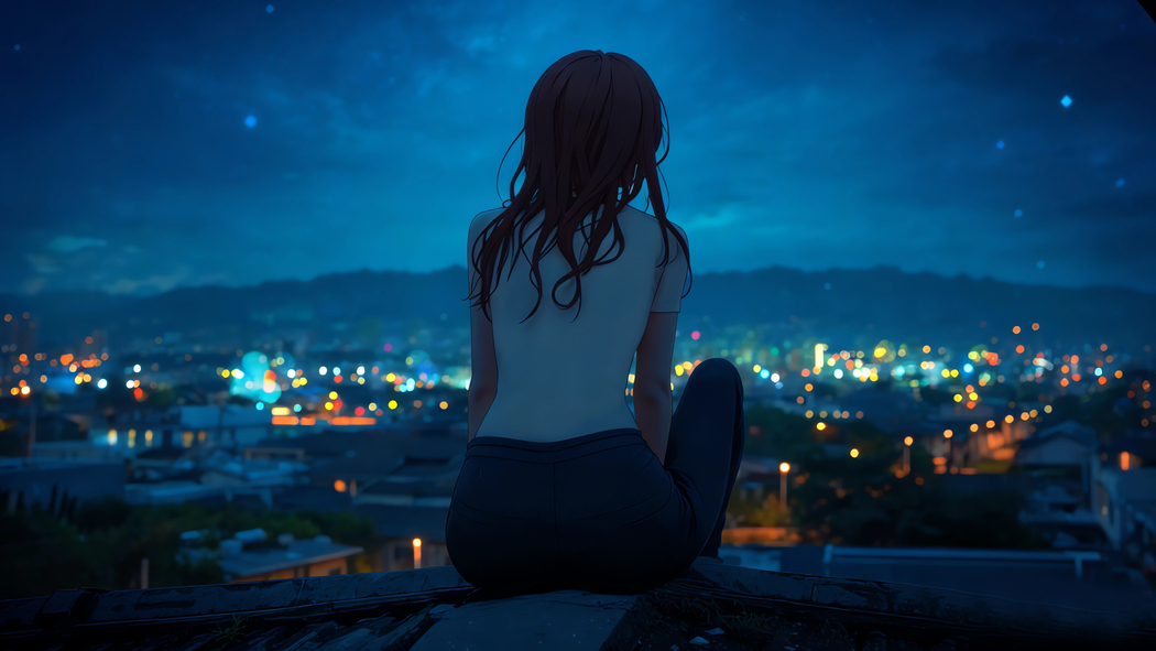 夜晚小镇女孩静坐背影 4K超清全面屏车机壁纸3840x2160免费下载
