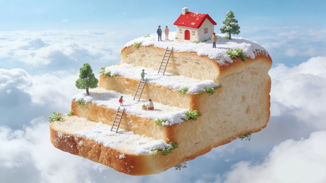 奇幻空中悬浮场景，面包阶梯与小屋4K高清壁纸3840x2160免费下载