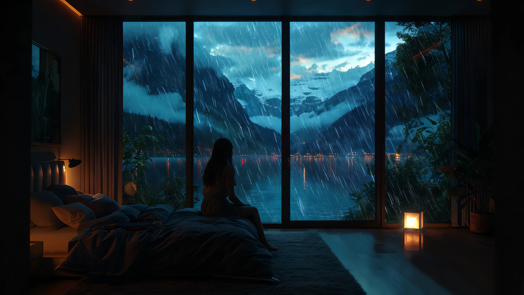 4K高清动漫壁纸3840x2160，房间内女孩静望雨中暗色系风景免费下载